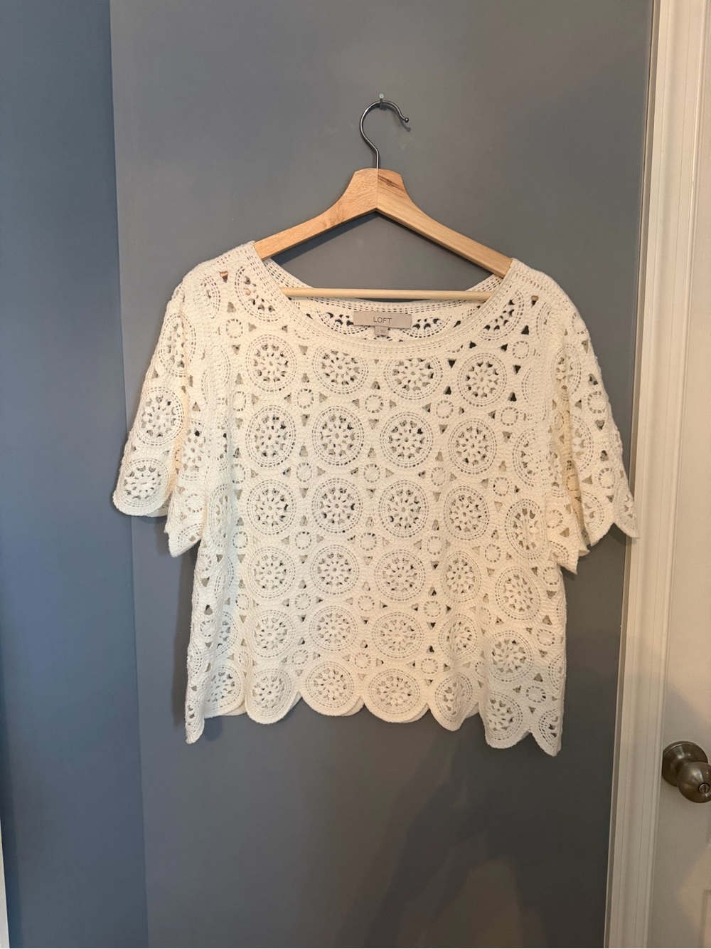 LOFT Cream Crochet Short Sleeve Blouse